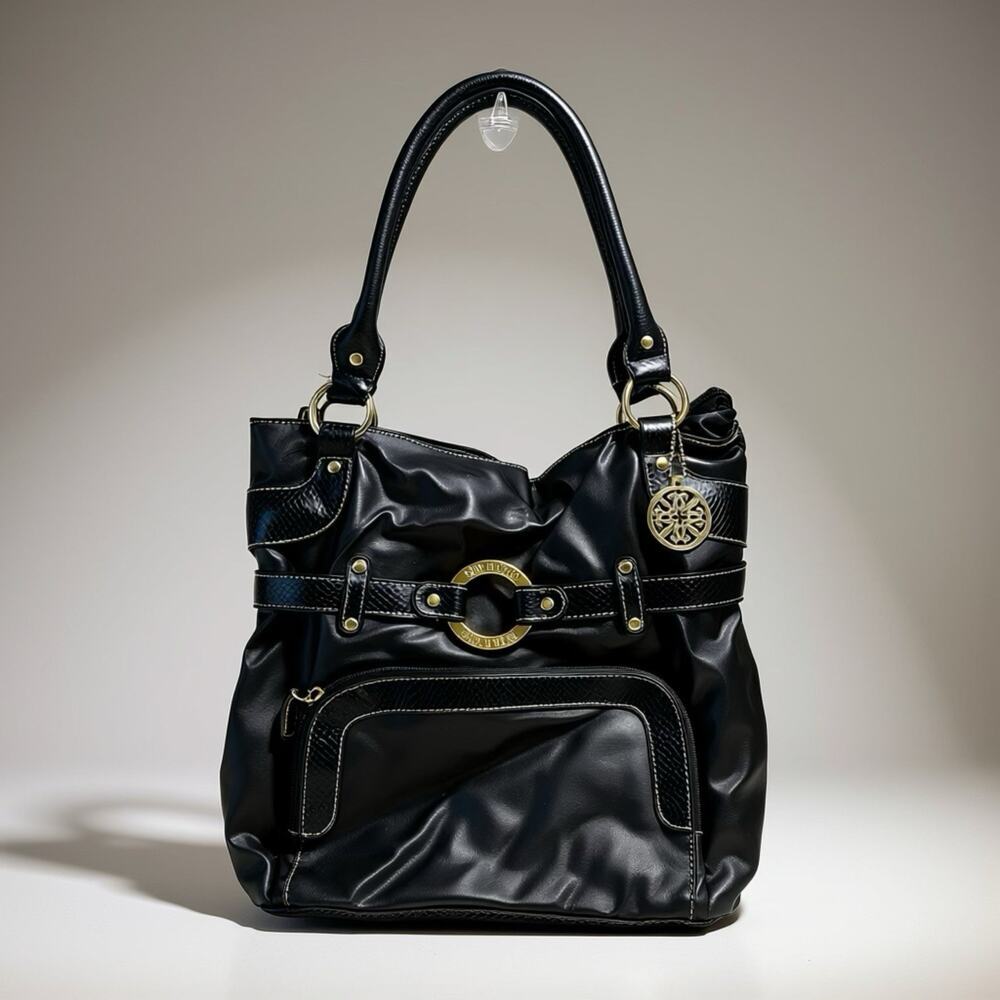 Vintage Y2K Treviso Black FauxLeather Shoulder Purse Snake Embossed Silver Logo